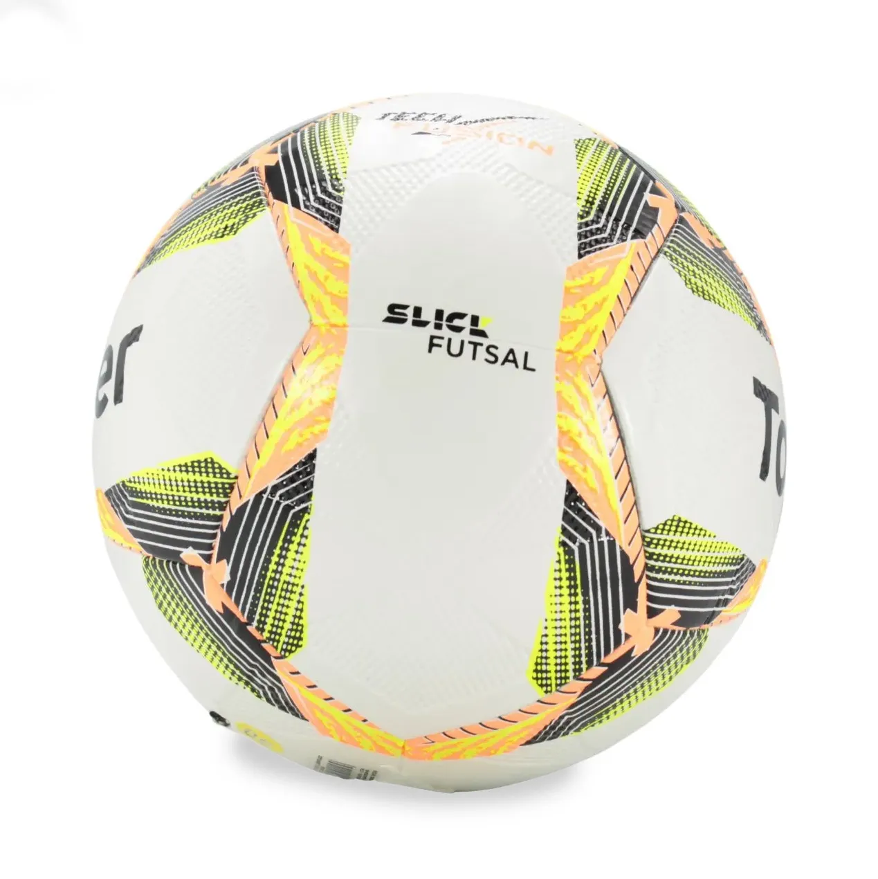 Bola de futsal Topper Slick branca com detalhes laranja vista lateral